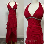 Burgundy A-Line Halter V Neck Chiffon Backless Evening Prom Dress,Bridesmaid Dress With Ankle Length