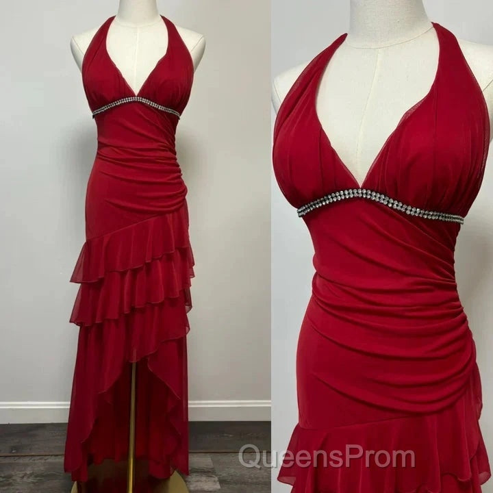 Burgundy A-Line Halter V Neck Chiffon Backless Evening Prom Dress,Bridesmaid Dress With Ankle Length