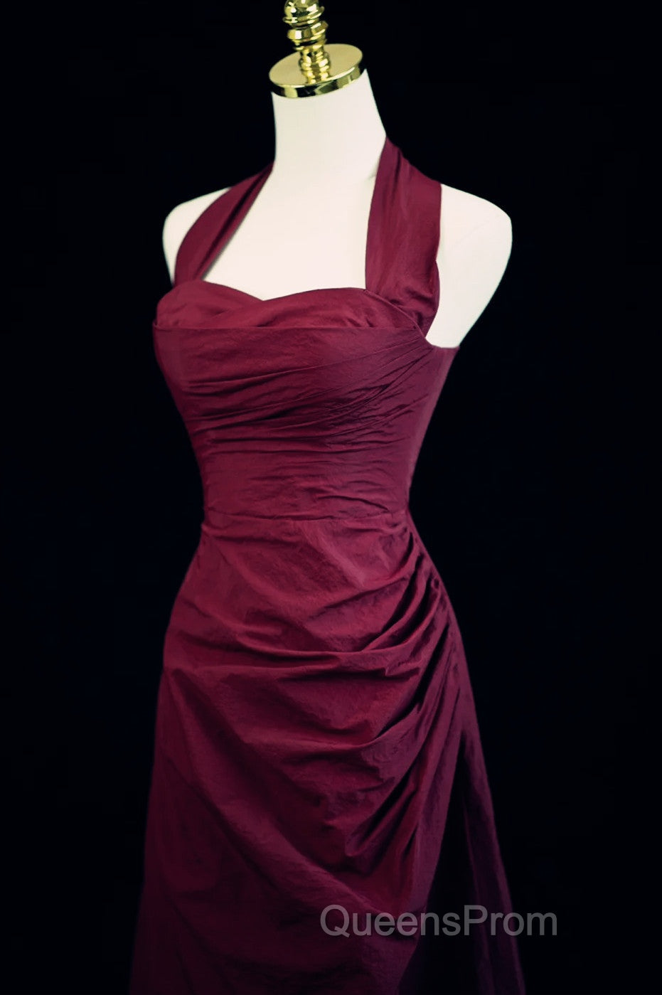 Burgundy A-Line Halter Vintage Style Evening Prom Dress, Burgundy Long Evening Dress Secondary image