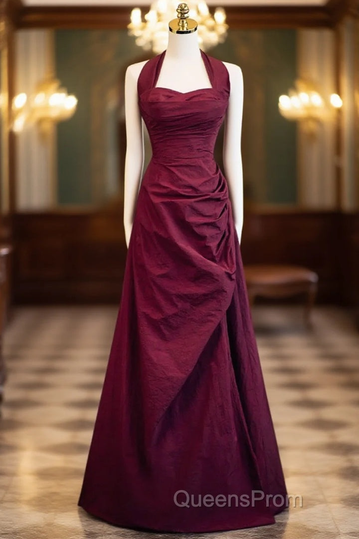Burgundy A-Line Halter Vintage Style Evening Prom Dress, Burgundy Long Evening Dress Main image