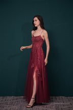 A-line Lace Appliques Long Prom Dresses