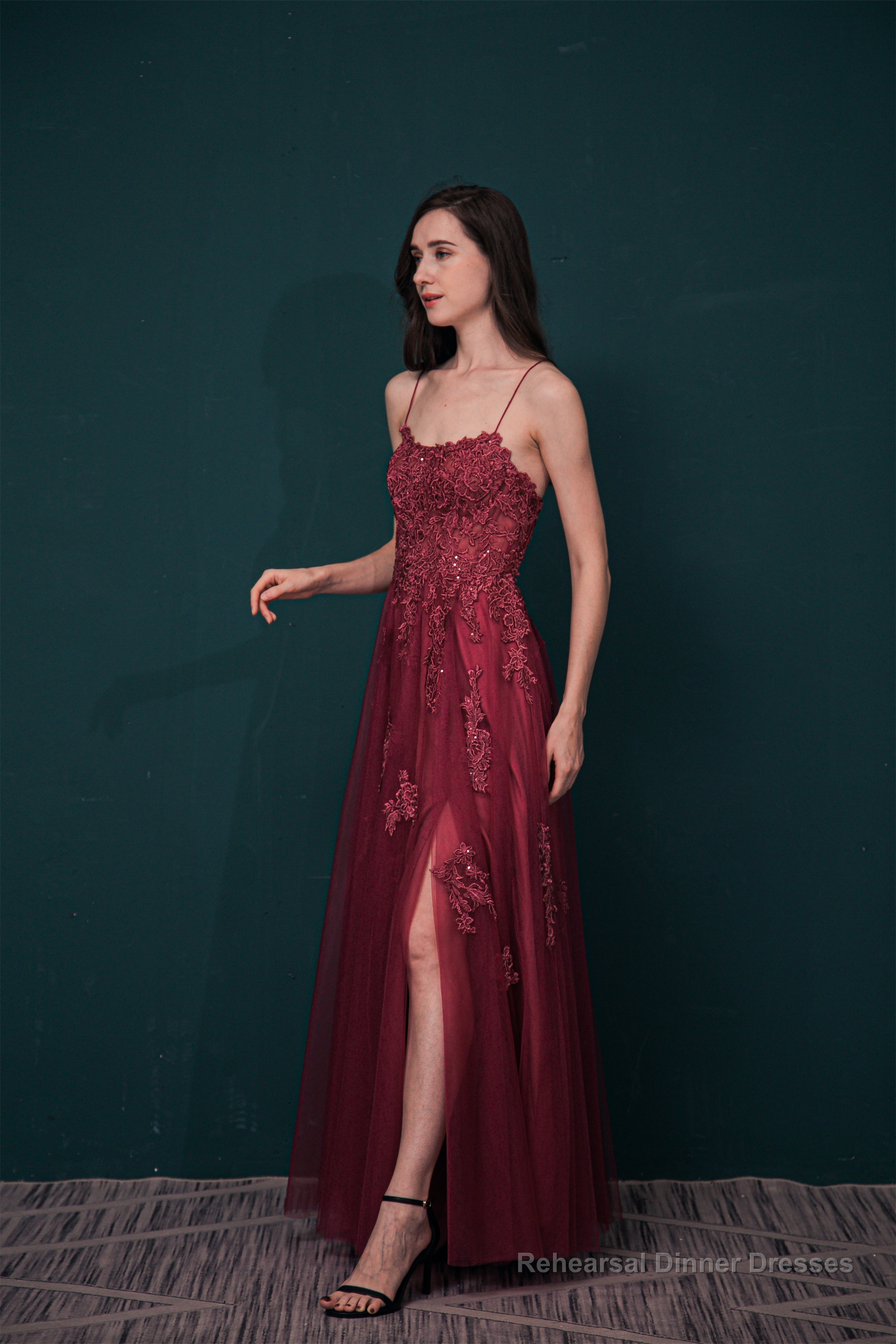 A-line Lace Appliques Long Prom Dresses