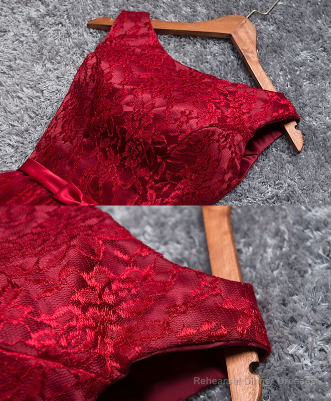 Burgundy A Line Lace Short Prom Dress, Burgundy Evening Dress Secondary image