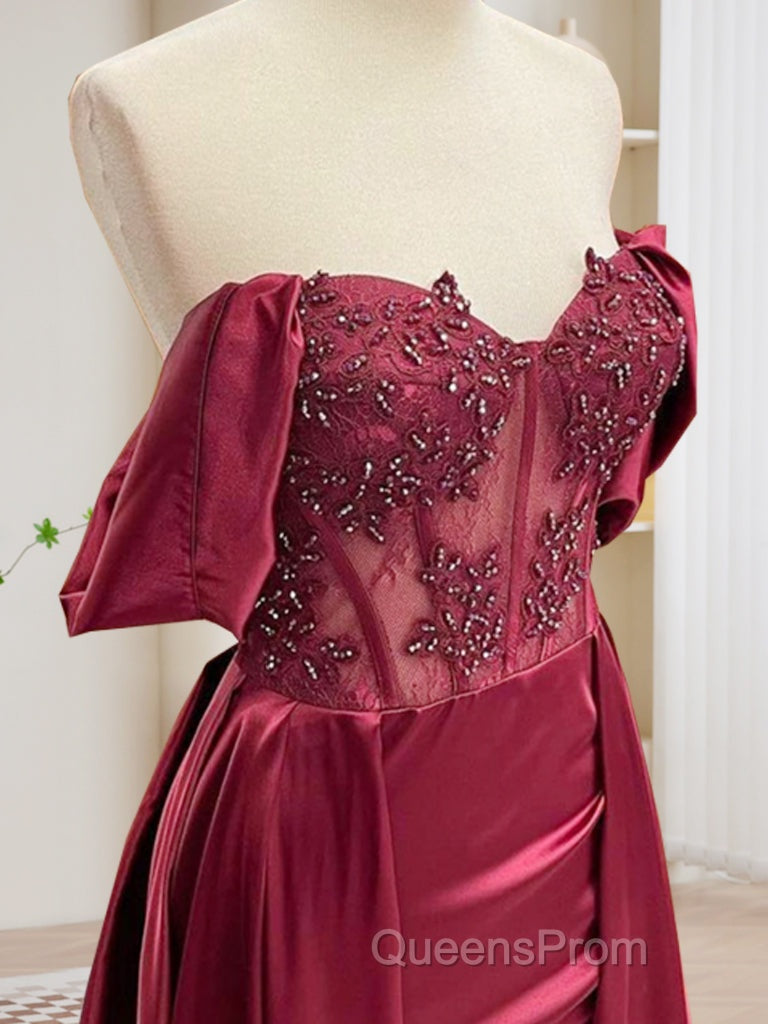 Burgundy A-Line Off Shoulder Satin Lace Long Evening Prom Dress, Burgundy Long Formal Dress Secondary image