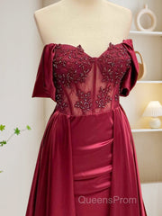 Burgundy A-Line Off Shoulder Satin Lace Long Evening Prom Dress, Burgundy Long Formal Dress