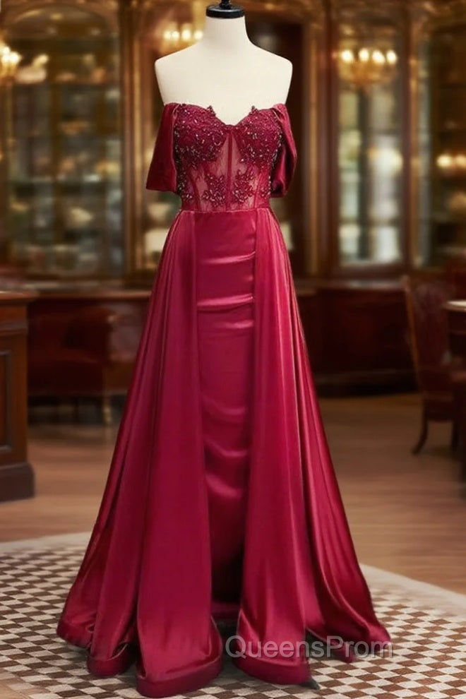 Burgundy A-Line Off Shoulder Satin Lace Long Evening Prom Dress, Burgundy Long Formal Dress Main image