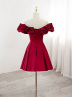Burgundy A-Line Off Shoulder Satin Short Evening Prom Dress, Burgundy Homecoming Dress