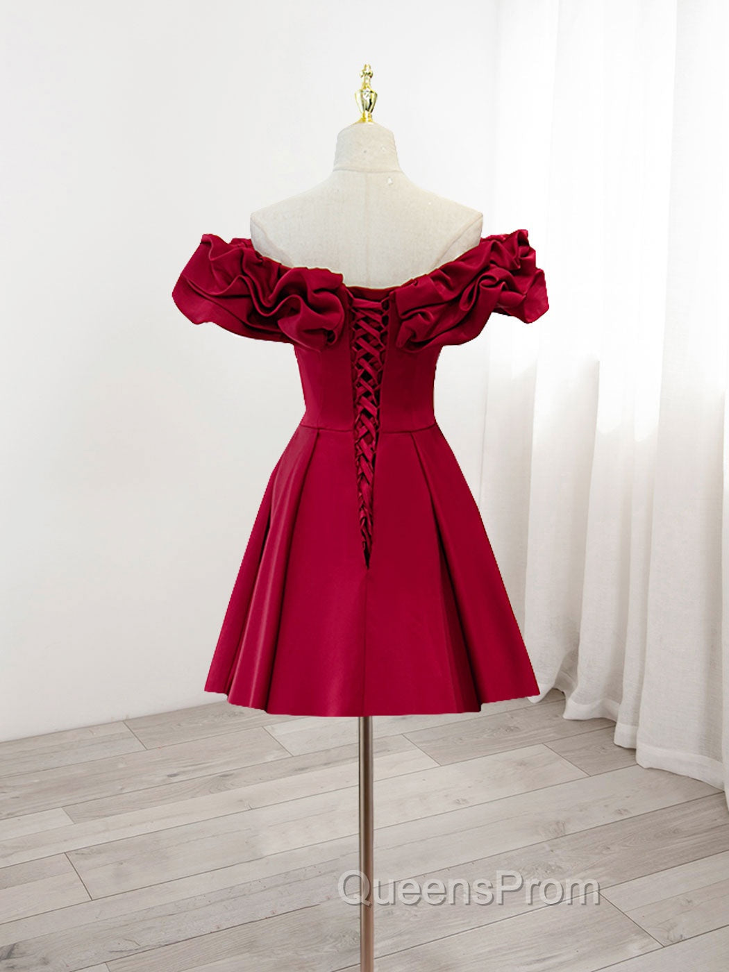 Burgundy A-Line Off Shoulder Satin Short Evening Prom Dress, Burgundy Homecoming Dress