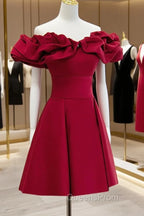 Burgundy A-Line Off Shoulder Satin Short Evening Prom Dress, Burgundy Homecoming Dress