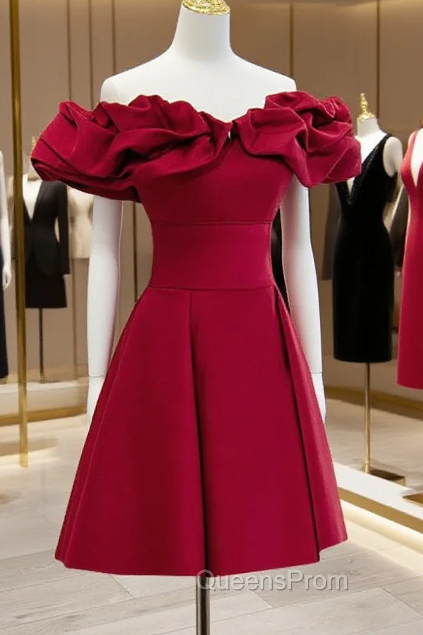 Burgundy A-Line Off Shoulder Satin Short Evening Prom Dress, Burgundy Homecoming Dress
