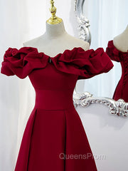 Burgundy A-Line Off Shoulder Satin Short Evening Prom Dress, Burgundy Homecoming Dress