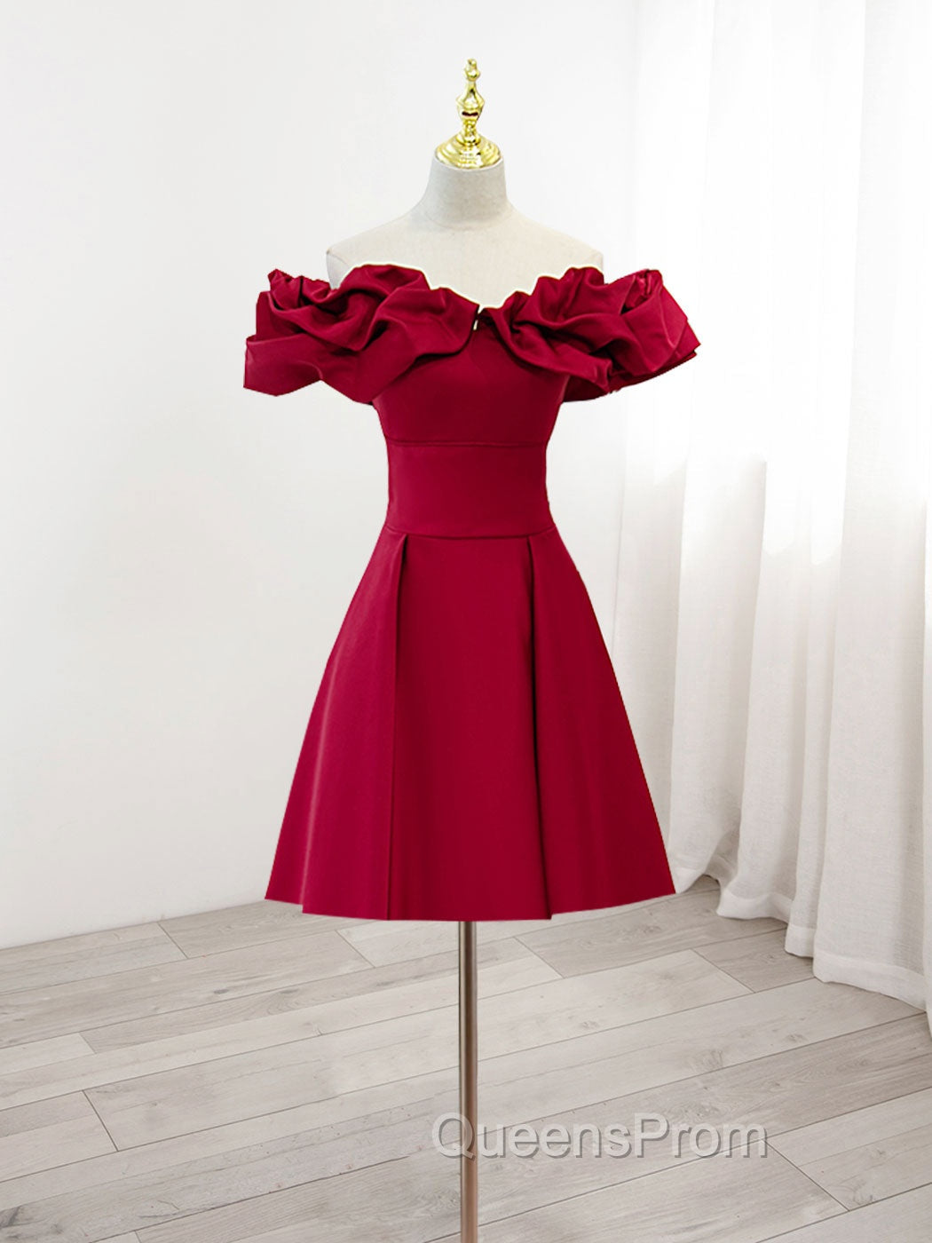 Burgundy A-Line Off Shoulder Satin Short Evening Prom Dress, Burgundy Homecoming Dress Main image