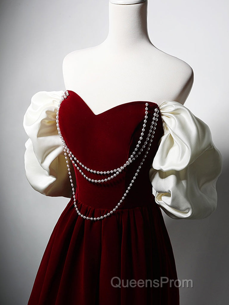 Burgundy A-Line Off Shoulder Velvet Lace Long Evening Prom Dress, Burgundy Long Formal Dress Secondary image