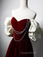 Burgundy A-Line Off Shoulder Velvet Lace Long Evening Prom Dress, Burgundy Long Formal Dress
