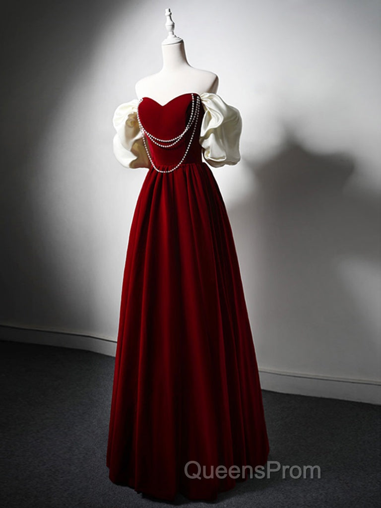 Burgundy A-Line Off Shoulder Velvet Lace Long Evening Prom Dress, Burgundy Long Formal Dress