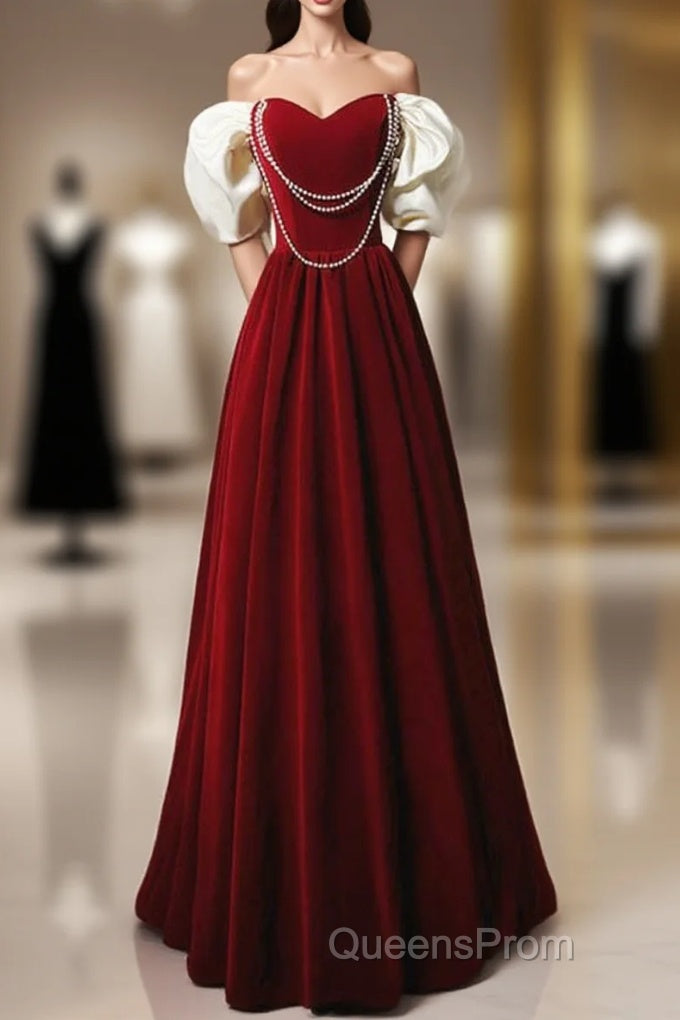 Burgundy A-Line Off Shoulder Velvet Lace Long Evening Prom Dress, Burgundy Long Formal Dress Main image