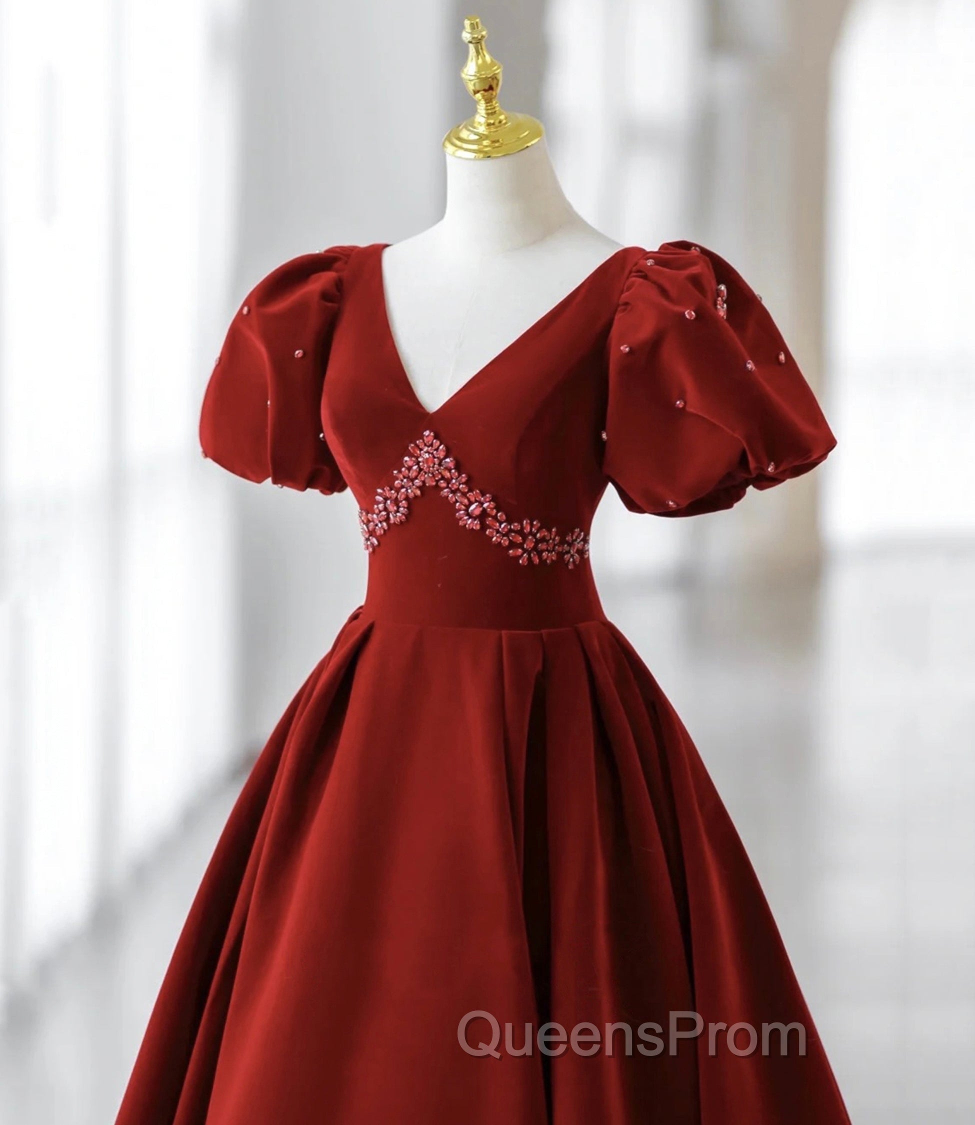 Burgundy A Line Puff Sleeves Velvet Long Evening Prom Dress Evening Dress Secondary image