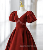 Burgundy A Line Puff Sleeves Velvet Long Evening Prom Dress Evening Dress