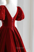 Burgundy A Line Puff Sleeves Velvet Long Evening Prom Dress Evening Dress