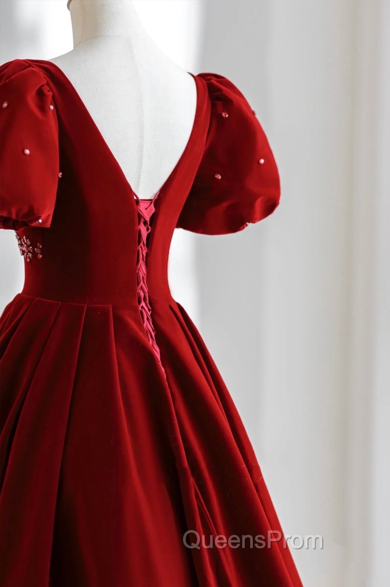 Burgundy A Line Puff Sleeves Velvet Long Evening Prom Dress Evening Dress