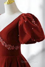 Burgundy A Line Puff Sleeves Velvet Long Evening Prom Dress Evening Dress