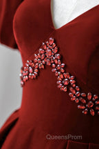 Burgundy A Line Puff Sleeves Velvet Long Evening Prom Dress Evening Dress