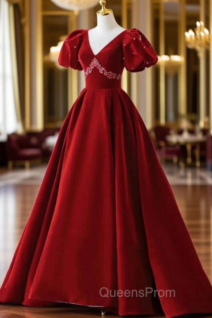 Burgundy A Line Puff Sleeves Velvet Long Evening Prom Dress Evening Dress Main image