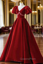 Burgundy A Line Puff Sleeves Velvet Long Evening Prom Dress Evening Dress