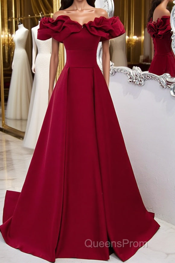 Burgundy A-Line Satin Long Evening Prom Dress, Burgundy Formal Evening Dress Main image
