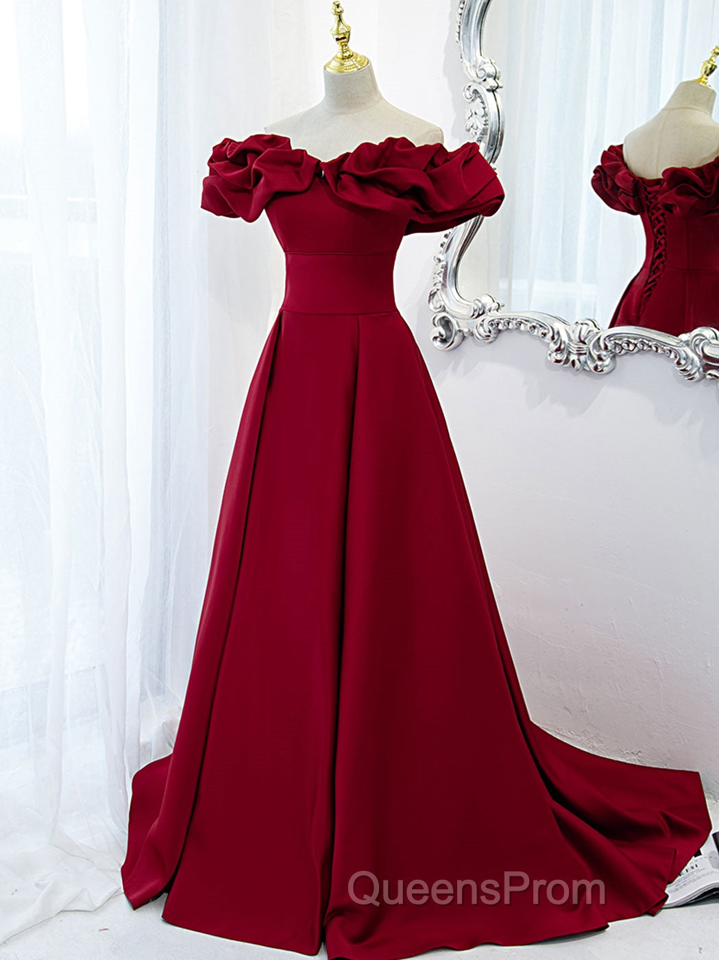 Burgundy A-Line Satin Long Evening Prom Dress, Burgundy Formal Evening Dress