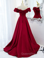 Burgundy A-Line Satin Long Evening Prom Dress, Burgundy Formal Evening Dress