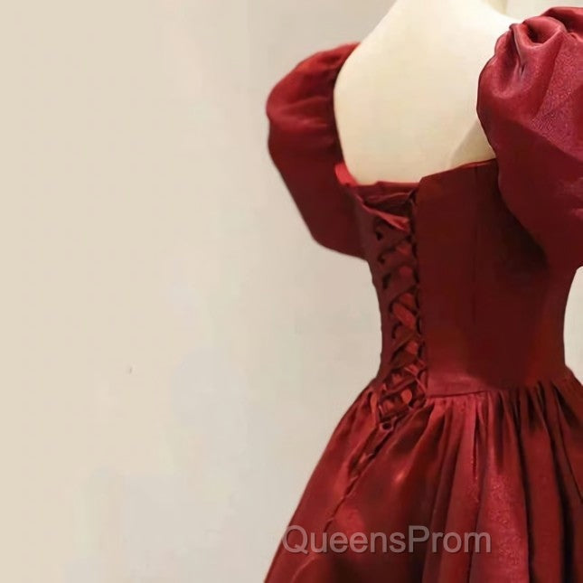 Burgundy A-line Satin Vintage Women Dress Long Evening Prom Dress