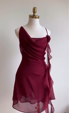 Burgundy A Line Spaghetti Strap Floral Chiffon Short Party Dress Homecoming Dress Outfits