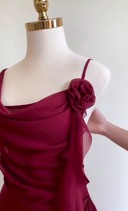 Burgundy A Line Spaghetti Strap Floral Chiffon Short Party Dress Homecoming Dress Outfits