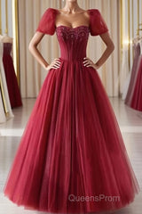 Burgundy A line tulle beads long Evening Prom Dress burgundy formal Dress