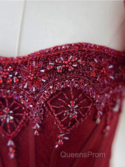 Burgundy A line tulle beads long Evening Prom Dress burgundy formal Dress