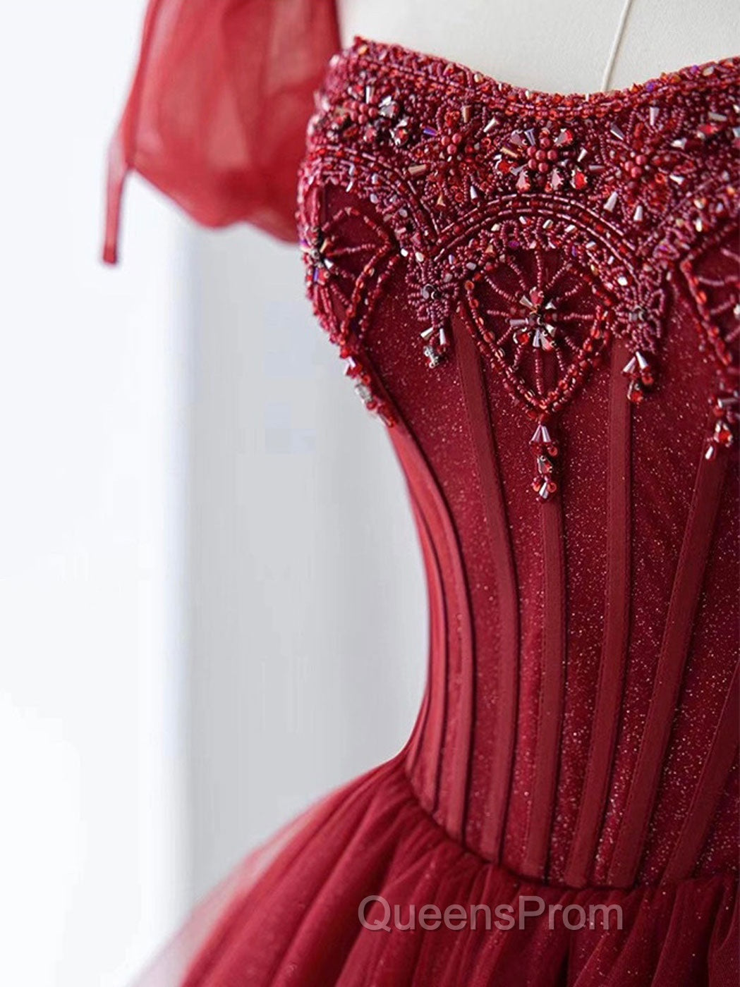 Burgundy A line tulle beads long Evening Prom Dress burgundy formal Dress