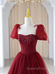 Burgundy A line tulle beads long Evening Prom Dress burgundy formal Dress