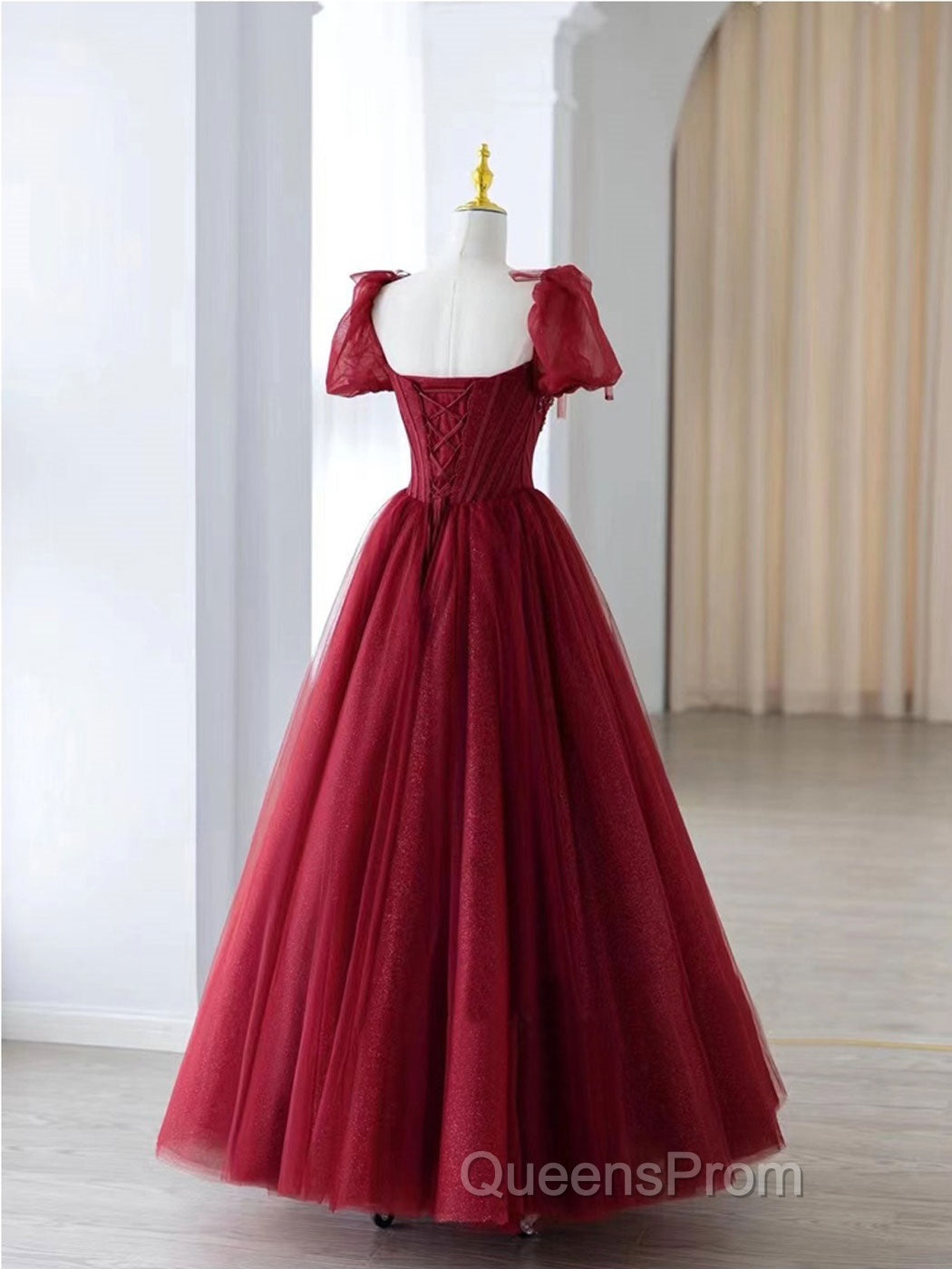 Burgundy A line tulle beads long Evening Prom Dress burgundy formal Dress
