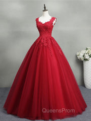 Burgundy A-Line Tulle Lace Long Evening Prom Dress, Burgundy Evening Dress