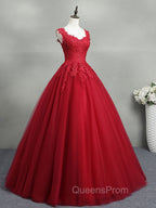Burgundy A-Line Tulle Lace Long Evening Prom Dress, Burgundy Evening Dress