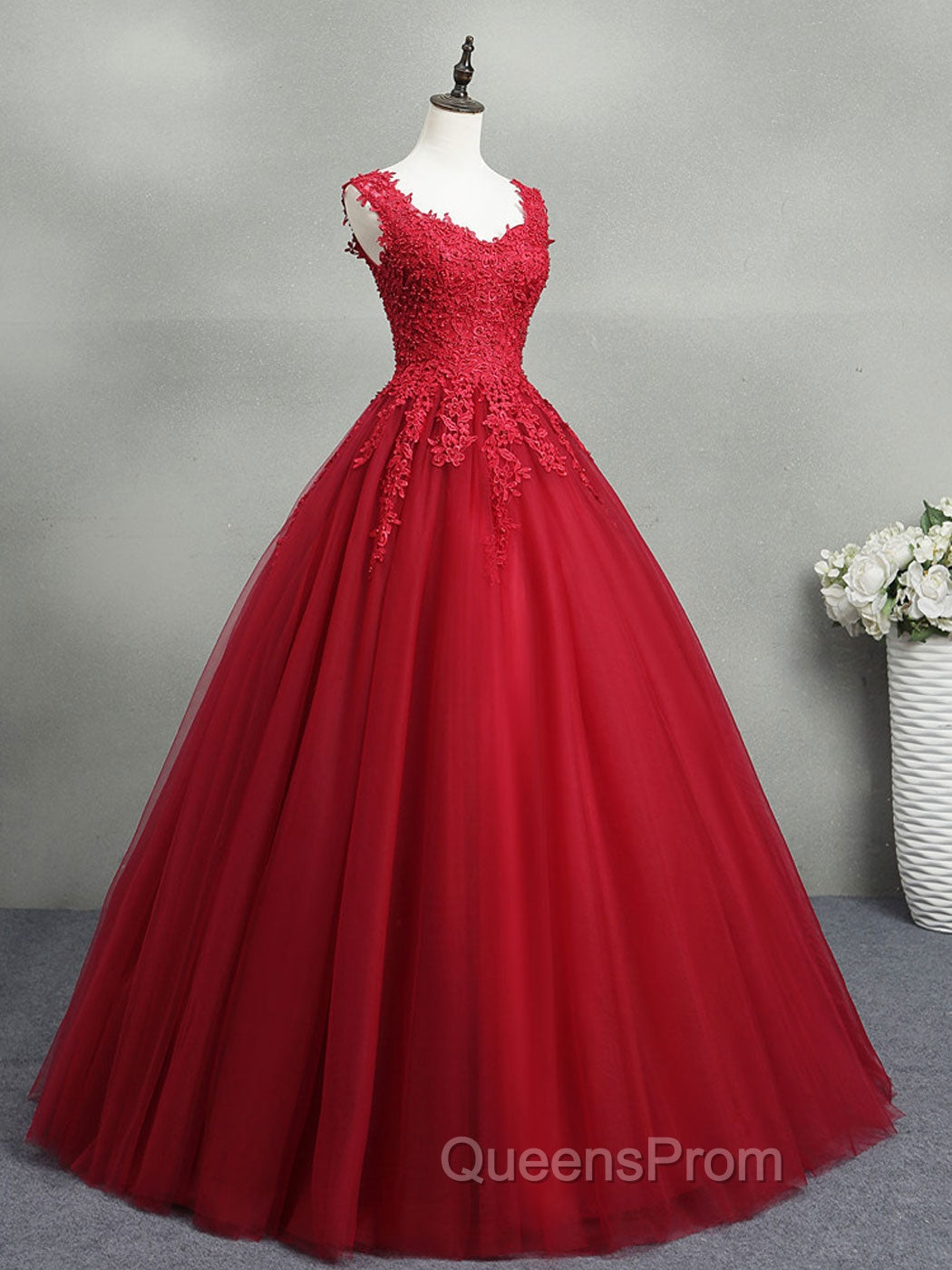 Burgundy A-Line Tulle Lace Long Evening Prom Dress, Burgundy Evening Dress