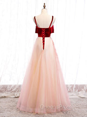 Burgundy A-line Tulle Lace Long Evening Prom Dress Tulle Evening Dress