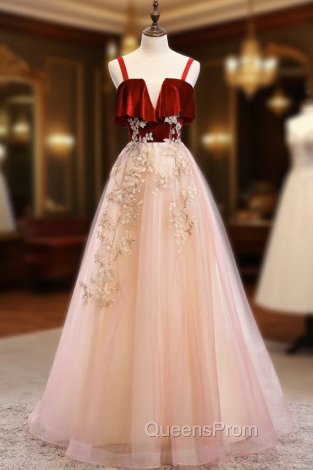Burgundy A-line Tulle Lace Long Evening Prom Dress Tulle Evening Dress Main image