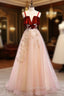 Burgundy A-line Tulle Lace Long Evening Prom Dress Tulle Evening Dress