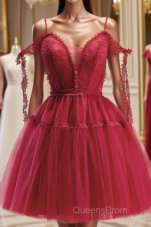 Burgundy A-Line Tulle Lace Short Evening Prom Dress, Burgundy Homecoming Dress Main image