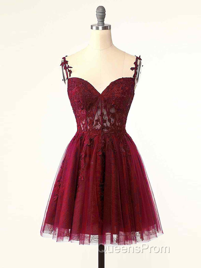 Burgundy A-Line Tulle Lace Short Evening Prom Dress, Cute Burgundy Homecoming Dress Secondary image