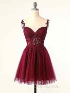 Burgundy A-Line Tulle Lace Short Evening Prom Dress, Cute Burgundy Homecoming Dress