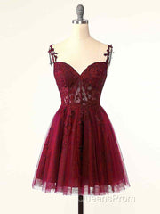 Burgundy A-Line Tulle Lace Short Evening Prom Dress, Cute Burgundy Homecoming Dress