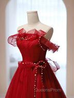 Burgundy A-Line Tulle Long Evening Prom Dress, Burgundy Tulle Evening Dress